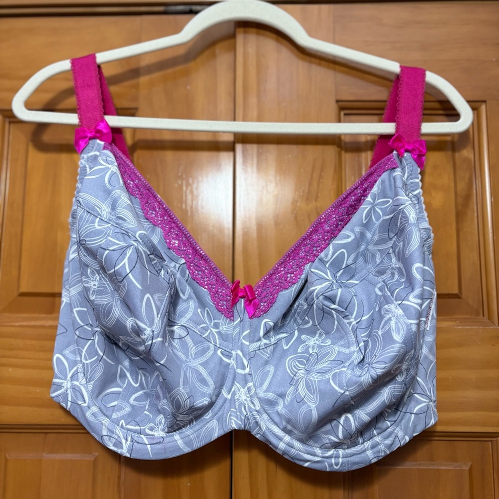 Underwire Floral Bra with Bright Pink Trim